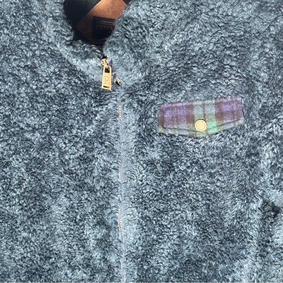 Pendleton Blue Teddy Sherpa Plaid Full Zip Long Sleeves Pockets Jacket Sz Large - Picture 12 of 13